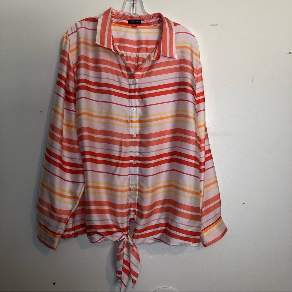 Vince Camuto Striped Blouse w/ adjustable sleeves, Orange/Yellow/Red, size 3X